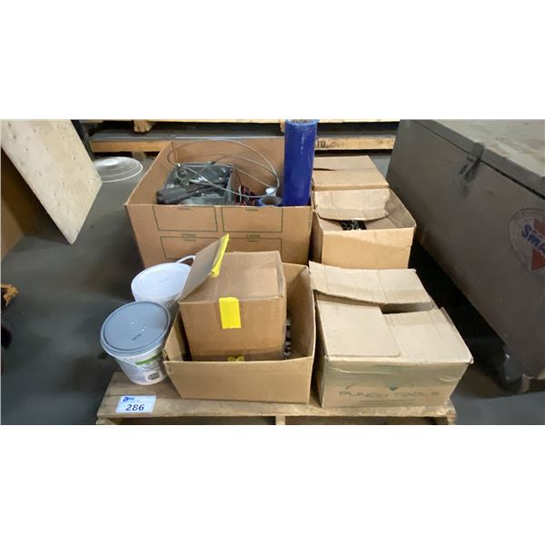 PALLET OF ASSORTED PARTS, HARDWARE, TOOLS & MISC SHOP ITEMS