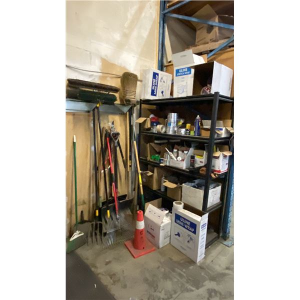 5 TIER SHELVING UNIT WITH ASSORTED SHOP CONTENTS - PAINTS, SEALANTS, TAPES, WRAP & LARGE GROUP OF