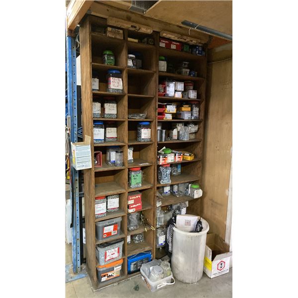 2 WOODEN SHELVING UNITS WITH ASSORTED SCREWS, BOLTS & HARDWARE