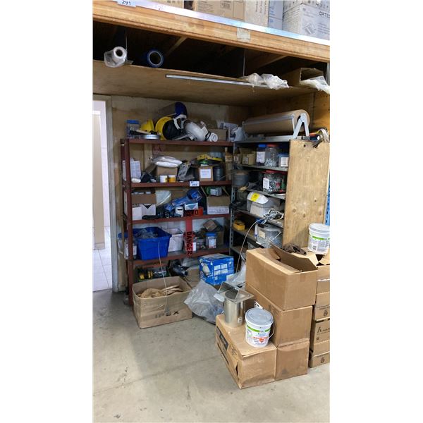 2 ADJUSTABLE METAL STORAGE SHELVES WITH ASSORTED SHOP ITEMS- SPRAY PAINT, CABLE WIRE, DUCT SEAL,