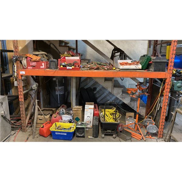 CONTENTS OF PALLET RACK- TOOLS, HEATERS, WORK LIGHTS, WELDING LINES, LIFTING STRAPS, EXTENSION