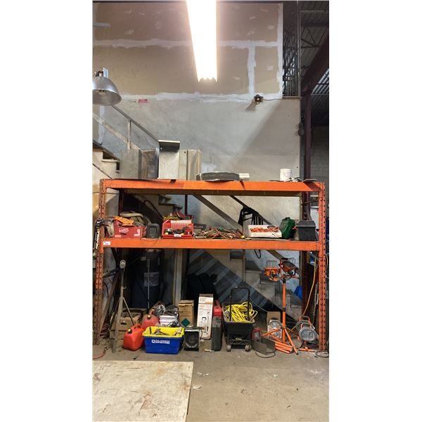 SINGLE BAY OF ORANGE SHELVING RACKING, 2-7'8"H X 3'W UPRIGHTS, 4-10' 3" SIDE RAILS WITH WOODEN
