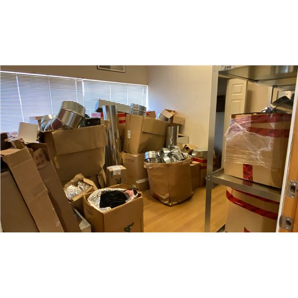 CONTENTS OF ROOM- SHEET METAL RACKING UNIT, LARGE ASSORTMENT OF VENTING/DUCT PARTS & COMPONENTS