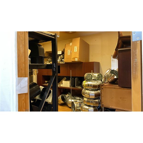 CONTENTS OF ENTIRE ROOM- LARGE GROUP OF OFFICE FURNITURE, WHALEN BLACK METAL STORAGE RACK &