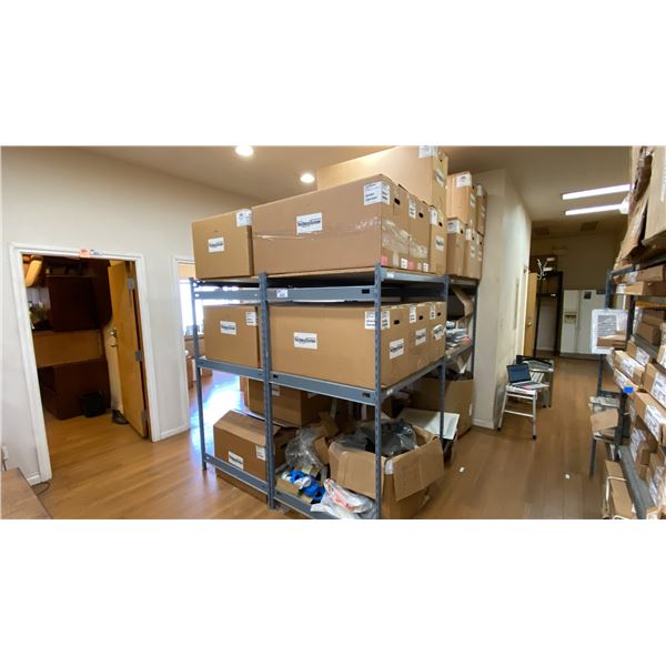 4 BAYS OF EZ-RECT SHELVING WITH ASSORTED HVAC MODULES, DUCT/VENTING FITTINGS, PARTS & COMPONENTS