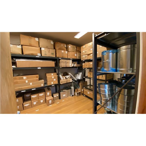 CONTENTS OF ENTIRE ROOM- LARGE GROUP OF ASSORTED SHELVING, HVAC PARTS, COMPONENTS, DUCT FITTINGS,