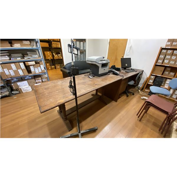 BLACK VINYL COUCH, HYVISION MONITOR OFFICE DESK, WOODEN TABLE, CHAIRS, BROTHER PRINTER, OFFICE