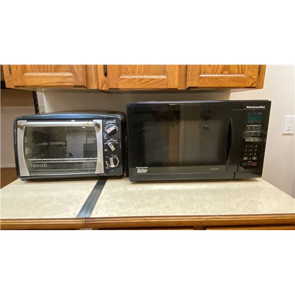 CONTENTS OF UPSTAIRS KITCHEN- FRIDGE, STOVE, MICROWAVE, TOASTER OVEN, KETTLE, DISHES, COFFEE MAKER