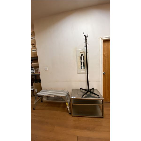 SMALL METAL TABLE, COAT RACK & GORILLA LADDERS SLIM FOLD WORK PLATFORM