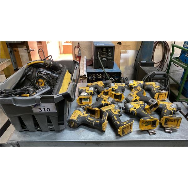 GROUP OF 11 TESTED/WORKING DEWALT 20V CORDLESS DRILLS/IMPACT DRILLS WITH BAG OF CHARGERS