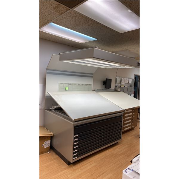 MEGA STAHL BLUEPRINT/DRAFTING TABLE WITH CABINET AND OVERHEAD LIGHT