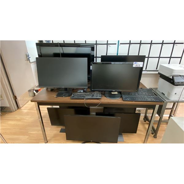 APPROX 8 COMPUTER MONITORS, LG TV, WOOD TABLE WITH METAL LEGS & ASSORTED KEYBOARDS AND MICE