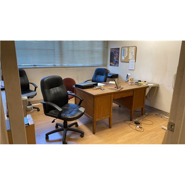 CONTENTS OF ENTIRE OFFICE- DESK, 4 DRAWER FILING CABINET, 2 DRAWER SMALL FILING CABINET, FLOOR FAN,