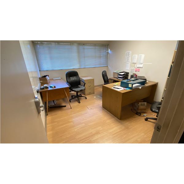 CONTENTS OF ENTIRE OFFICE- L SHAPED DESK, VINTAGE DESK, SMALL 3 DRAWER FILING CABINET, BOOKSHELF,