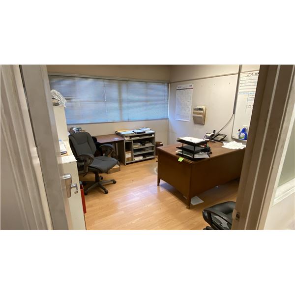 CONTENTS OF ENTIRE OFFICE- DESK, 2 BOOKSHELVES, GREY STORAGE SHELF, FOLDING TABLE, 3 MOBILE OFFICE