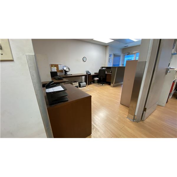 RECEPTION COUNTER WITH WOOD L-SHAPED DESK, 2 FILING CABINETS, TABLE, COAT RACK, WOOD DESK, WOOD