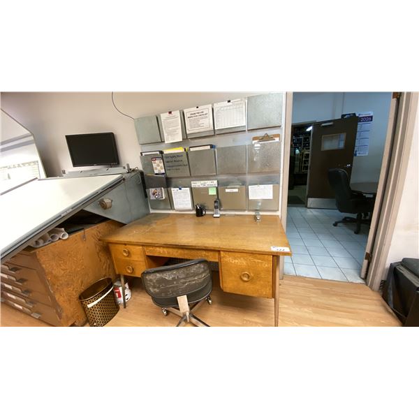 VINTAGE OAK DESK WITH METAL LEGS, MOBILE OFFICE CHAIR, WALL MOUNTED DOCUMENT ORGANIZER & ASSORTED