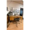 Image 2 : VINTAGE OAK DESK WITH METAL LEGS, MOBILE OFFICE CHAIR, WALL MOUNTED DOCUMENT ORGANIZER & ASSORTED