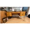 Image 4 : VINTAGE OAK DESK WITH METAL LEGS, MOBILE OFFICE CHAIR, WALL MOUNTED DOCUMENT ORGANIZER & ASSORTED