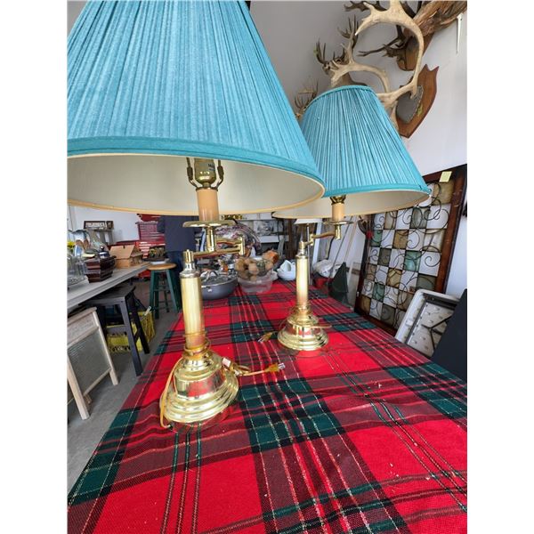 Brass table lamps with blue shades