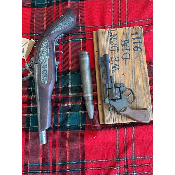 Decorative Pistol, Bullet, and Mounted Revolv