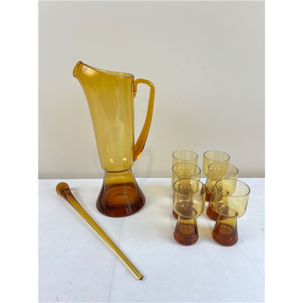 MCM Amber Glass Pitcher Set