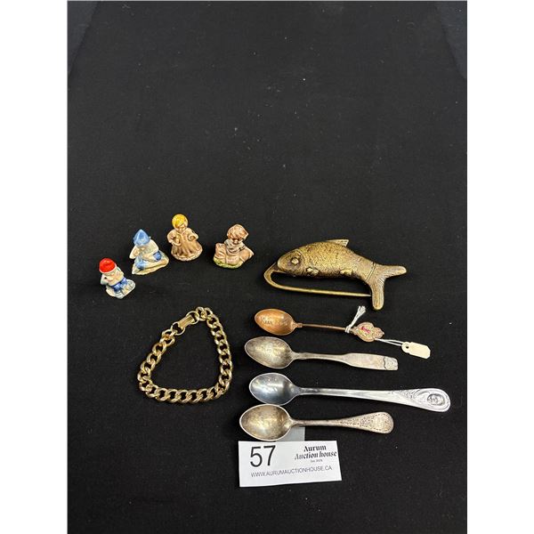 Vintage Collectable Lot of Fish Lock w/ No Key, Spoons, Gold Plated Bracelet, etc