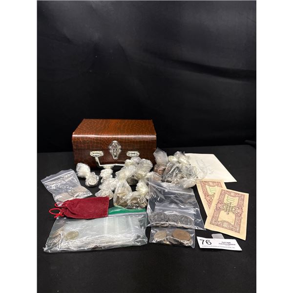 Vintage Leather Jewelry Box Full of Bags of World Coins and WW2 Bank Notes