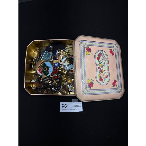 Nice Lot of Various Pins in Beautiful Tin