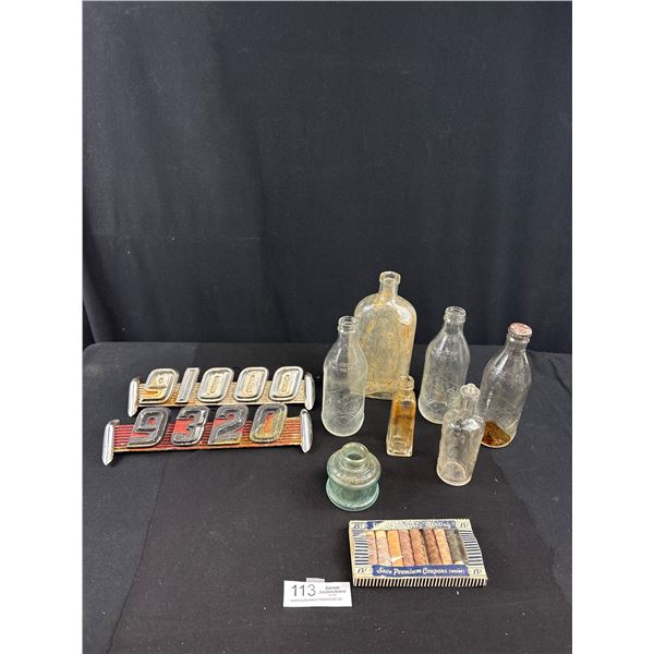 Vintage Lot of Old Bottles and Car Emblems