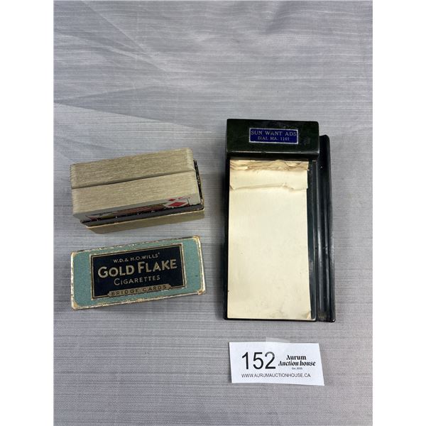 Vintage Sun Ads Bakelite Desktop Not Pad and Gold Flake Cigaretees Playing Cards