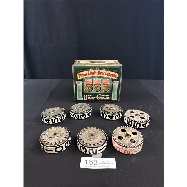 Vintage Public Benefit Boot Company Tin Filled with Old Gas Pump Number Dials