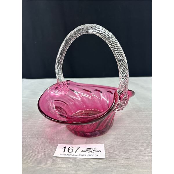 Vintage Hand BlownCranberry Glass Basket with ClearTwisted Glass Handle
