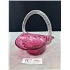 Image 1 : Vintage Hand BlownCranberry Glass Basket with ClearTwisted Glass Handle