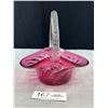 Image 2 : Vintage Hand BlownCranberry Glass Basket with ClearTwisted Glass Handle