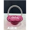 Image 4 : Vintage Hand BlownCranberry Glass Basket with ClearTwisted Glass Handle
