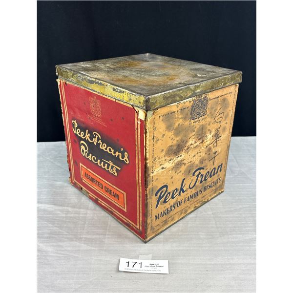 Large 1930's Peek Frean & Co Paper Label Biscuit Tin 9x9x9
