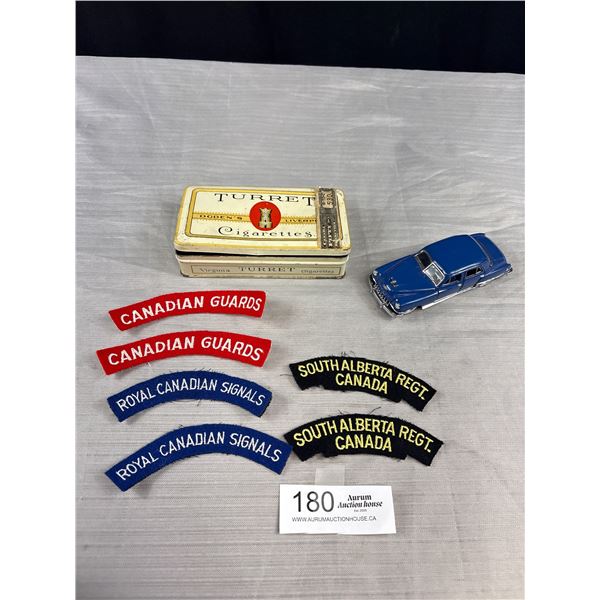 Collectible Turret Cigarette Tin plus Canadian Military Patches and small Diecast Car
