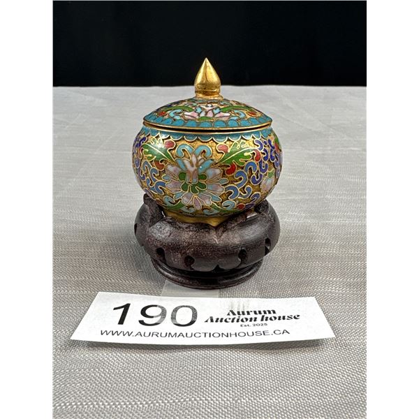 Vintage Cloisonnee Enameled and Gold Plates Pot with Lid on Stand