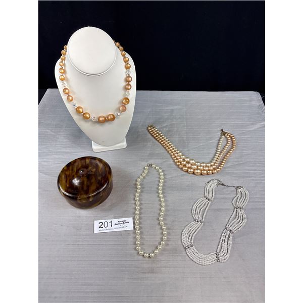 Mid Century Torteishell Trinket Box Filled with Pearl and Faux Pearl Necklaces