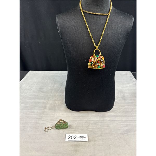 Ann Eye Catching Gold Toned Multi Colored Stoned Purse Pendant on Necklace Plus Other Purse Pendant