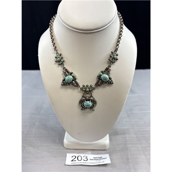 A Hard To Find Indian Tribal Arts Necklace Features Blue-Green Cabochon Stones