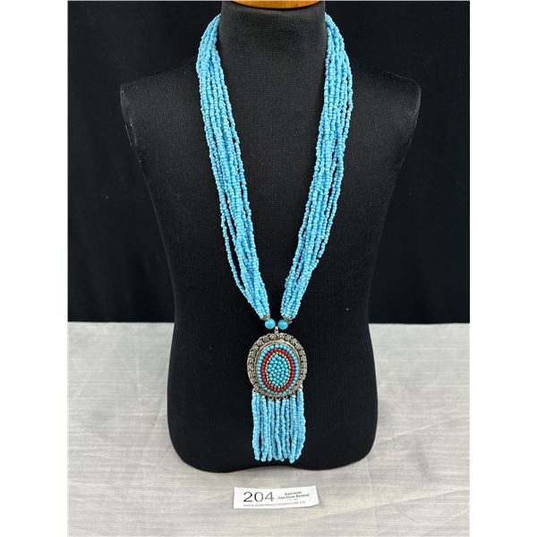 A Very Nice Turquoise Beaded Necklace with Colourful Beaded Pendant