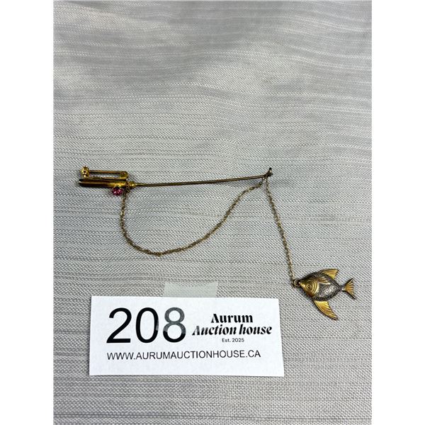 An Antique Gold Tone Fishing Rod with Fish Brooch