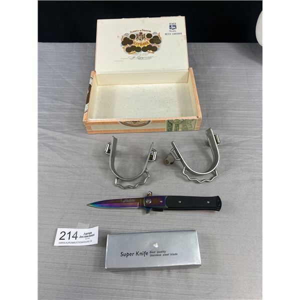 Old Cigar Box with Horse Spurs and a New Folding Pocket Knive with Original Box