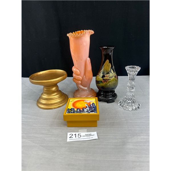 A Vintage Home Décor Lot Vases Trinket Box Orange Vase Has Small Chip in Ruffled Edge
