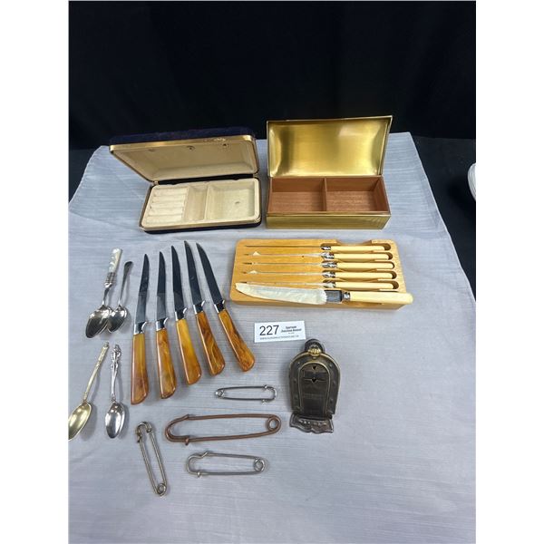Vintage Home Decore Lot Jewelry Boxes Knives Pins Etc