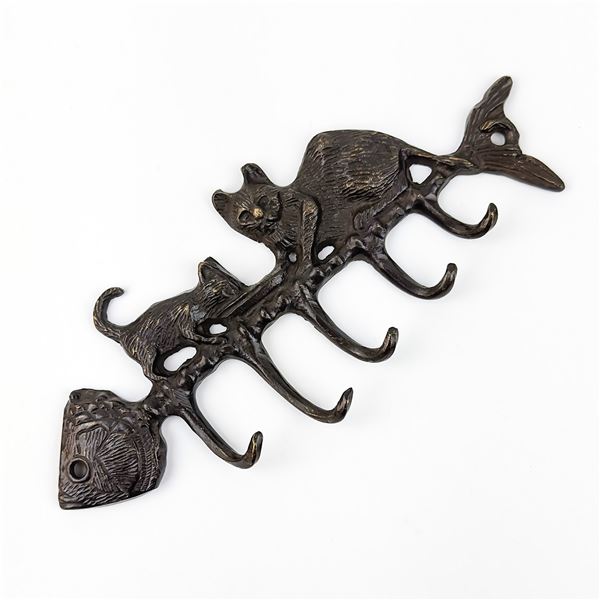 CAST IRON CATS ON FISHBONE WALL HOOK KEY RACK