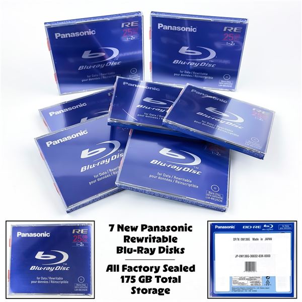 7 PANASONIC REWRITABLE BLU-RAY DISCS - 175GB TOTAL