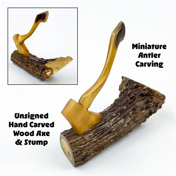 MINI HAND CARVED ANTLER AXE AND LOG SCULPTURE